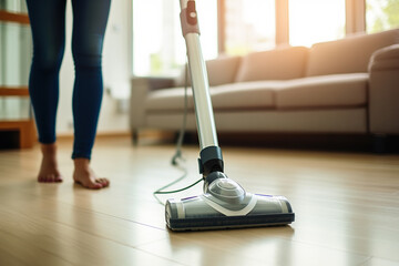 A woman uses a vacuum cleaner to clean the floor - obrazy, fototapety, plakaty