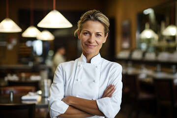Smiling mature female chef standing with arms crossed in restaurant
