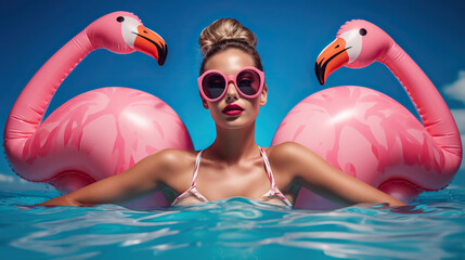 Woman with sunglasses, lying on a pink flamingo - shaped buoy in a swimming pool with a blue background