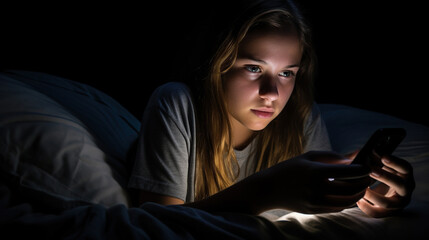 Obraz premium Teenage girl looks at her cell phone while lying on her bed at night.