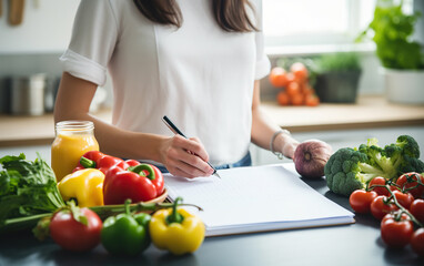 Obraz na płótnie Canvas Woman choosing healthy food options and preparing a grocery list