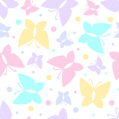 Seamless pattern with butterflies in pastel colors on a white background. Cute girly pattern For fabric design, wallpaper, backgrounds, scrapbooking, etc. Vector.