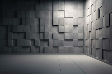 Rectangular wall made of semigloss tiles arranged with a 3D rendering of a futuristic, concrete block background. Generative AI