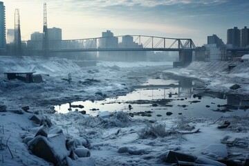 Winter city seen over icy river. Generative AI