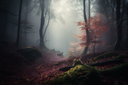 Foggy forest scene with mystical ambiance, imaginary scenery. Generative AI