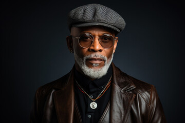60 year old fashionable hipster African American man portrait on black background