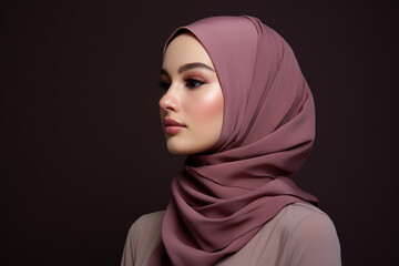 Fototapeta na wymiar Portrait of a young Muslim girl in profile wearing a crimson headscarf on a black background.