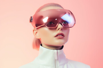 Futuristic retro portrait of a girl wearing futuristic pink glasses on pink background.