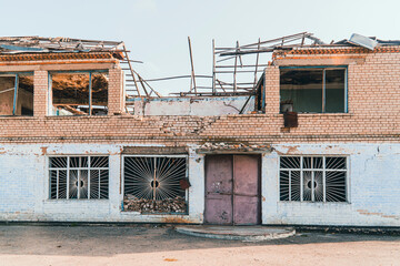 Countryside. A house destroyed by shelling. War in Ukraine