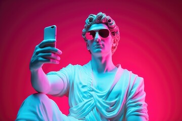 Glamorous statue of Apollo wearing glasses with a smartphone in hand taking selfies against a red background.