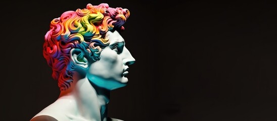 White sculpture of Apollo in profile with rainbow colored hair on a black background with copy space.