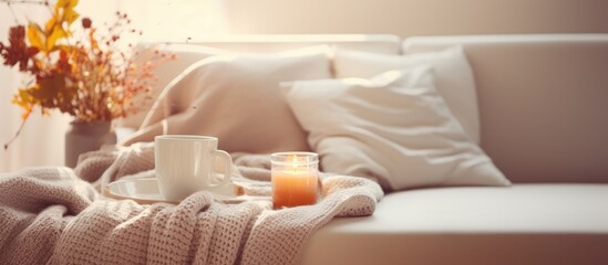 Autumn or winter concept with cozy details of home interior living room s still life featuring a tray holding steamy tea cups and sweaters on coffee table breakfast enjoyed on sunny sofa - obrazy, fototapety, plakaty
