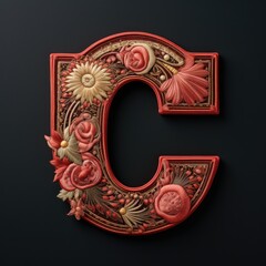 The letter c is decorated with flowers and leaves. Embroidery effect, floral design.