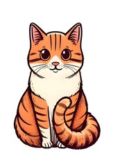 A cartoon cat sitting on a white background. The cat is orange and white with big green eyes and a happy expression on its face. Its tail is curled around its feet.