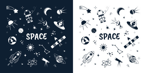 A set of elements of astronomy in the form of doodles. Flat vector illustration on white and black backgrounds