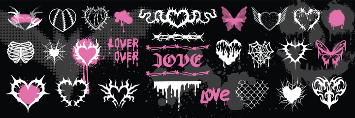 Gothic tattoo heart set, emo u2k love logo kit, vintage graphic fashion vector butterfly print. 90’s punk romance grunge sticker, Valentine dark groovy fashion clipart. Gothic heart retro sign