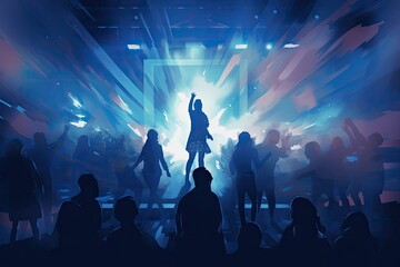 silhouettes of people at music concert with spotlight on stage Generative AI - obrazy, fototapety, plakaty