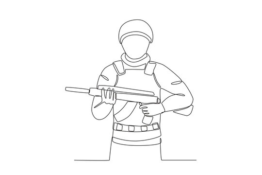 A soldier holding a gun. War one-line drawing