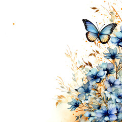 blue flowers and golden lines with butterflies