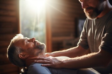 Chiropractor doing osteopathic massage on aged patient for hand muscle recovery