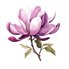 A painting of a purple flower with green leaves. Magnolia flowers.