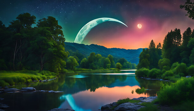 stunning night sky with vibrant colors, featuring a river surrounded by lush greenery, stars, a full moon, and a captivating moon halo reflected on the water..
