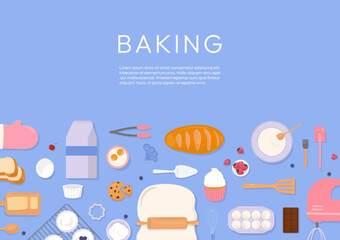 Baking tools and ingredients on blue background