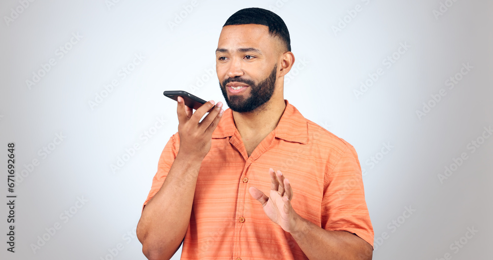 Aufkleber Man in studio with voice phone call, smile and talking with connection for networking, online chat or communication. Happiness, discussion and person with smartphone conversation on white background.