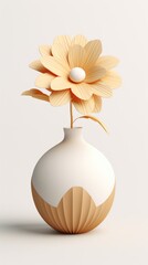 A white vase with a yellow flower in it. Simple, minimal design.