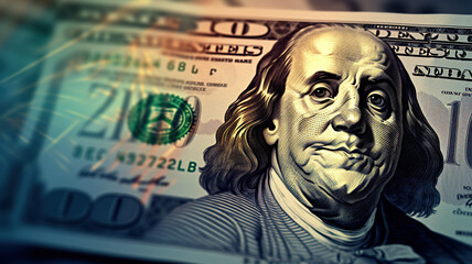 Closeup Benjamin Franklin face on USD banknote with stock market  - obrazy, fototapety, plakaty