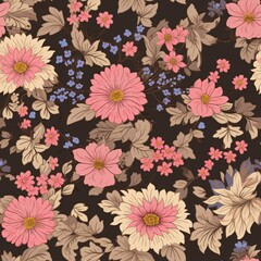 Delicate flowers on dark background. Seamless pattern. Soft pastel tones and botanical beauty concept. Design for elegant textiles, backgrounds, or print