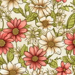Tuinposter Vintage floral arrangement with red and white blossoms. Seamless pattern. Classic garden beauty and nature concept. Design for retro wallpapers, fabrics, or print © dreamdes