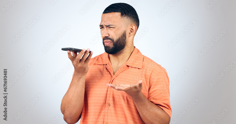 Poster Man in studio with phone, voice call and frustrated with connection problem for communication. Discussion, anger and confused person on smartphone conversation, scam or phishing on white background.