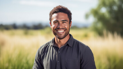 Smiling young man in grey shirt posing outdoors.