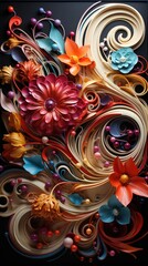 A close up of a paper art with flowers. AI image.