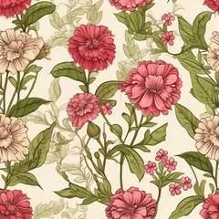 Rolgordijnen Intricate illustration of red and soft pink dahlias with green leaves. Seamless pattern. Spring's elegance and vitality. Suitable for textiles, wall arts, backdrop © dreamdes