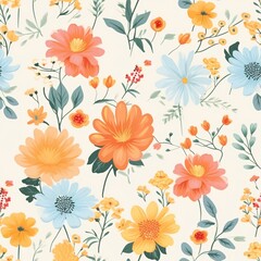 Lush mix of radiant orange daisies, blue blossoms, greenery. Seamless pattern. Summer festivity. Design for print, wallpaper, backdrop