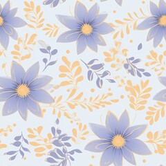Soft blue flowers with golden leaves. Pastel colors. Seamless pattern. Spring or Summer elegance. Background for invitations, backdrop, print