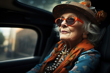 Elderly English lady in extravagant clothes and a hat sitting inside a car. Old Caucasian woman with glasses riding in a taxi - obrazy, fototapety, plakaty