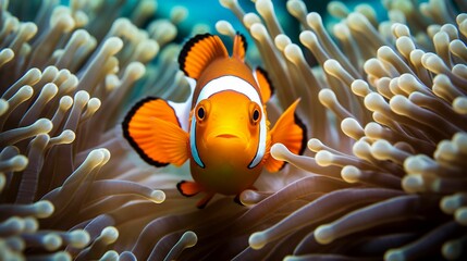 AI-generated illustration of a vivid orange clownfish swimming near an anemone reef - obrazy, fototapety, plakaty