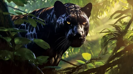 Foto op Plexiglas AI-generated illustration of a black jaguar surrounded by lush leaves and tree branches © Wirestock
