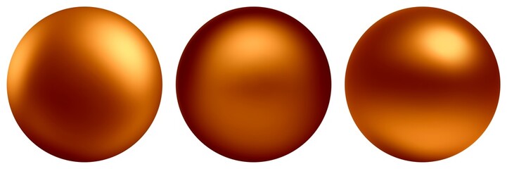 Golden balls set. Glossy texture. White background isolated. 3d sphere shaped objects.