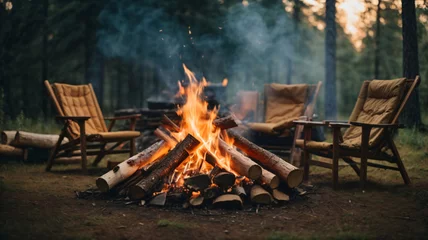 Selbstklebende Fototapeten Beautiful bonfire with burning firewood near chairs and camping tent in forest. Campfire by a chairs and a tent Generative AI © Abdul