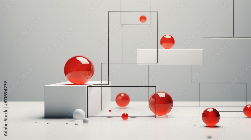 Poster a group of red and white spheres floating on top of each other. surreal arrangement.