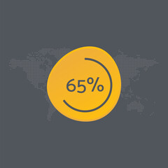 65 percent chart. Vector symbol. Percentage infographic sign. Dotted world map background. Illustration, icon for business, finance, progress, report, web design, download