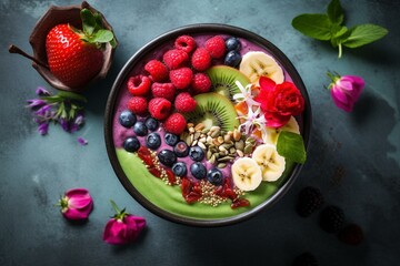 Vibrant smoothie bowl with crunchy toppings on a marble surface. Mouthwatering plant-based delight. Generative AI - obrazy, fototapety, plakaty