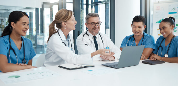 Doctor With Laptop, Team And Health, Meeting And Professional Collaboration On Medical Innovation And Healthcare Policy. Teamwork In Conference Room, Diversity And Group Discussion At The Clinic.