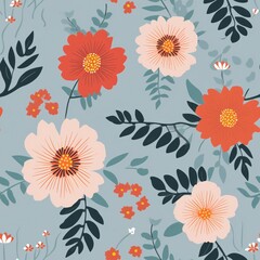 Pastel blooms with blue and green leaves. Seamless pattern. Summer and Easter celebrations. Suitable for home decor, fashion, and scrapbooking. Peach Fuzz. Color of the year 2024