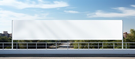 Outdoor public advertising on metal bridge with long white vinyl banner
