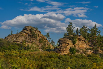 South of Western Siberia, Altai Krai. Bizarre rocky outcrops on the boundless steppes of Altai around Kolyvan Lake, located near the border with Kazakhstan.